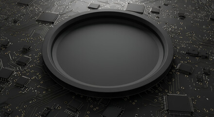 Abstract black circular object on a circuit board background. Empty space for design mockup or product placement.