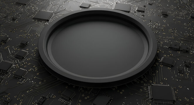 Abstract black circular object on a circuit board background. Empty space for design mockup or product placement.