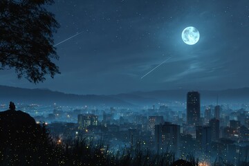 Breathtaking city night landscape illuminated by fireflies under a full moon with twinkling stars in a serene atmosphere