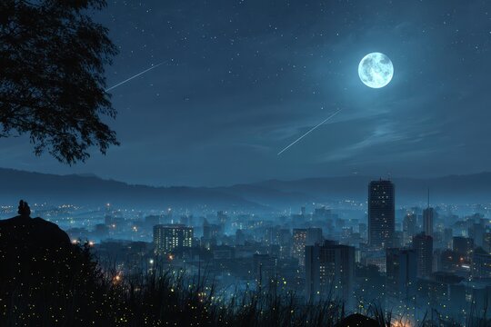 Breathtaking city night landscape illuminated by fireflies under a full moon with twinkling stars in a serene atmosphere