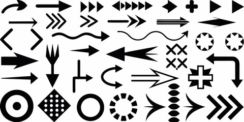 Diverse Collection of Black Arrows and Graphic Symbols on White Background