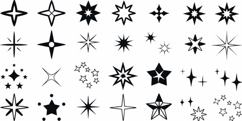 Collection of various star shapes vector illustration set in black and white