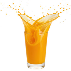 Dynamic Orange Juice Splash in Clear Glass Isolated on White Background