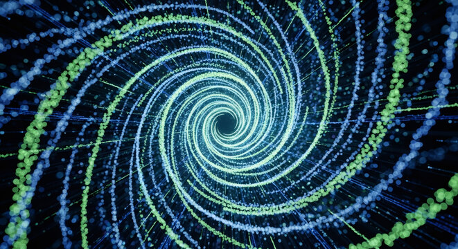Sparkling spiral tunnel with swirling light trail. Digital data flow in futuristic abstract cyberspace. Technology deep learning blockchain concept.