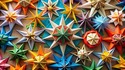 Colorful handmade origami stars decoration background
