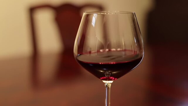 Glass of dark red wine in a thin-stemmed glass with blurred chair in background