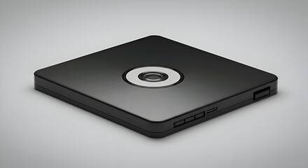 Black external hard drive with light gray circle, angled on a plain light gray surface. Modern, sleek design for data storage device presentation.