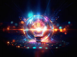 Obraz premium Abstract sci-fi double exposure image of a glowing lightbulb, radiating vibrant energy against a dark background. Intense light beams and bokeh effects create a futuristic atmosphere.