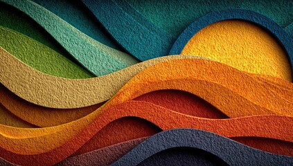 Abstract wavy textured layers of vibrant colors, reminiscent of a sunset over rolling hills