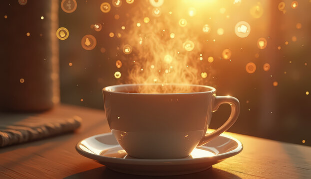 A luxury coffee advertisement scene featuring a cup suspended mid-air with golden steam rising elegantly. Glossy magazine aesthetic enhanced with “Awaken Excellence” typography, 8K ultra-detail