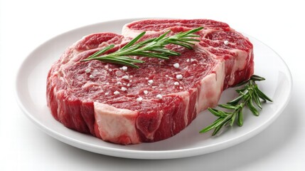 Fototapeta premium A close-up shot of a perfectly marbled raw ribeye steak with fresh rosemary.
