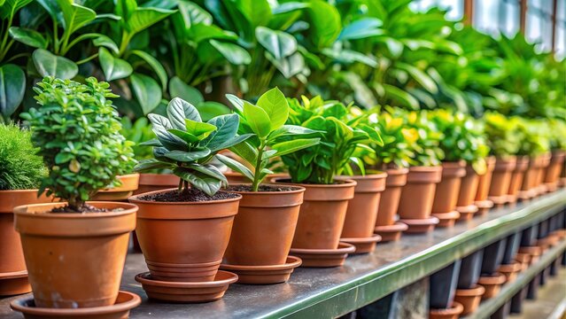 Row of potted green plants in a greenhouse setting