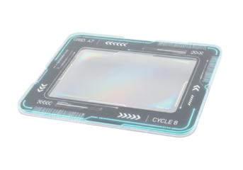 Ethereal, futuristic interface frame, glowing cyan boundary, iridescent void on transparent background with copy space, concept of advanced technology