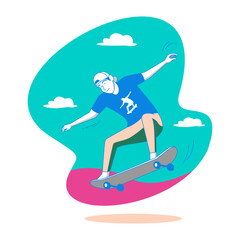 Teenager Skateboarding. Young man in blue t shirt and cap skateboarding with clouds isolated on transparent background.
