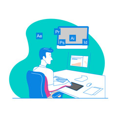 Fototapeta premium Designer. Graphic designer working on computer with adobe software icons isolated on transparent background.