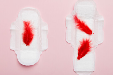 Women hygiene products or Sanitary pad with red feather on colored background. Pastel color. Closeup. Empty place for text. Female daily hygiene