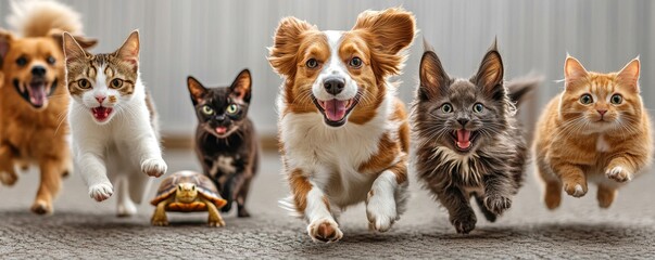 Obraz premium Two dogs of different breeds, three cats, a parrot, a turtle, a hamster, and a rabbit running toward the camera, showcasing the joy of a pet-filled household, Generative AI
