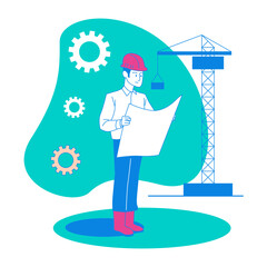 Obraz premium Engineer. Construction worker with blueprint and crane isolated on transparent background.
