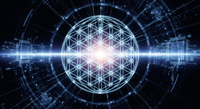 Flower of life symbol with glowing network on digital circuit background. Sacred geometry and technology concept for data connection.