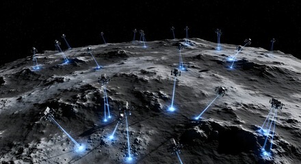 Asteroid Mining Ventures field of drills extracting resources at night
