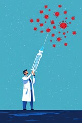 Naklejka premium Doctor with syringe fighting virus medical health protection vaccination concept illustration blue background