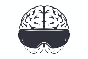 Brain wearing virtual reality headset on white background silhouette