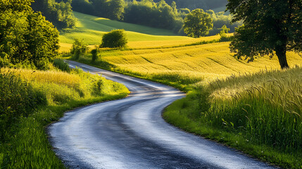 Naklejka premium A winding country road with green grass and golden wheat. A rural landscape background illustration.