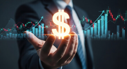 Man holding glowing dollar symbol over financial chart. Concept of investment, profit, and stock market growth.