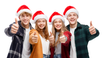  four young people wearing santa hats, giving thumbs up and smiling, in a festive christmas mood, against a transparent background 