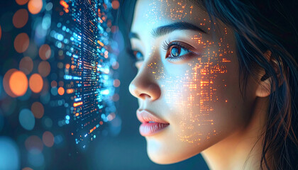 Futuristic Digital Identity & Biometric Scanning: Close-up of a Woman's Face with Projected Data, Representing Artificial Intelligence, Machine Learning, and the Fusion of Humanity with Technology.