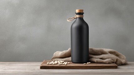 Black Bottle with Wooden Cork on Wooden Board and Linen Cloth
