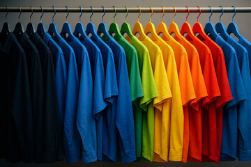 Fototapeta premium Colorful t-shirts arranged in rainbow order on a clothing rack, showcasing a vibrant spectrum from black and blue to red, representing fashion and organization.