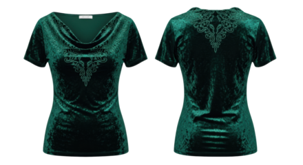 Deep emerald green crushed velvet t-shirt, cowl-neck, subtle floral embroidery, ghost mannequin, front and back views, transparent background. Concept of high-fashion luxury