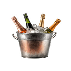 a metal ice bucket containing two bottles of champagne, filled with clear and sparkling ice cubes, set against a white background. high-resolution photography, professional color grading, soft shadows