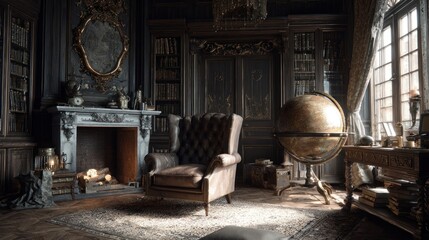 Dark, ornate library room with antique furniture