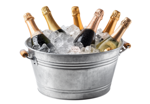 a metal ice bucket containing two bottles of champagne, filled with clear and sparkling ice cubes, set against a white background. high-resolution photography, professional color grading, soft shadows