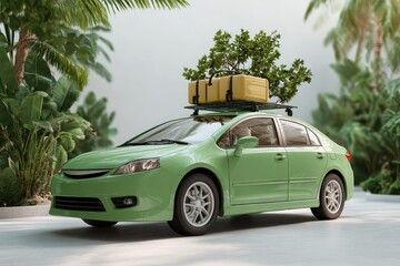 Green car loaded with luggage and a tree ready for summer holidays in a tropical setting with lush greenery