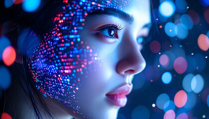 Futuristic Digital Identity & Biometric Scanning: Close-up of a Woman's Face with Projected Data, Representing Artificial Intelligence, Machine Learning, and the Fusion of Humanity with Technology.