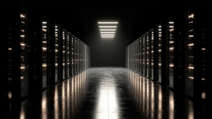 Dark server room illuminated by glowing lights