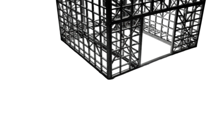 Heavy-duty metal grates, interlocking geometric patterns, textured, transparent studio, intense spotlight, sharp angular shadows, chiaroscuro, minimalist industrial abstract concept.