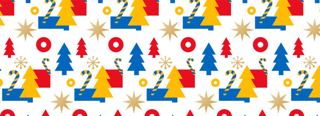 Christmas mosaic seamless pattern with modern geometric style. Decorative abstract background for greeting cards, banners, posters, and wrapping paper. sample in swatches. Vector illustration.