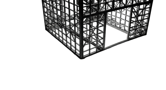 Heavy-duty metal grates, interlocking geometric patterns, textured, transparent studio, intense spotlight, sharp angular shadows, chiaroscuro, minimalist industrial abstract concept.
