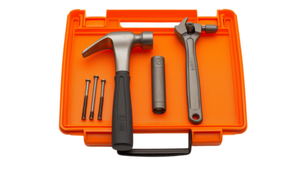 a plastic tool set with an orange tray, including pliers and hammers, is displayed on a white background. the tools have black handles, and each one has its own label. this simple yet functional desig