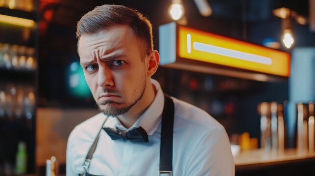 Male waiter, sad puppy eyes, no tip concept, psychological pressure, tipping culture, behavioral economics, guilt incentive, social expectation, sad expression, unhappy face