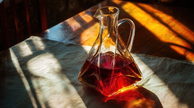 Decanter of red liquid on a table