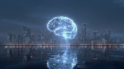 A glowing brain hologram over water with a city skyline in the background at night time scenery view