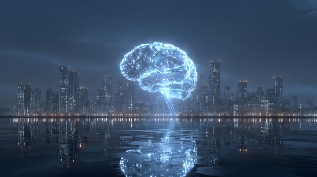 A glowing brain hologram over water with a city skyline in the background at night time scenery view