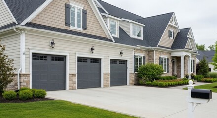 A large, well-maintained suburban house with a three-car garage, manicured lawn, and a mailbox in the foreground, showcasing a typical residential dwelling.