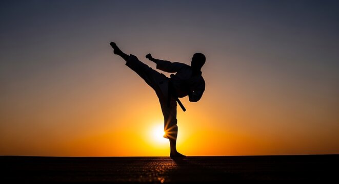 Martial Arts Practicing Kick Silhouette at Sunset - Powered by Adobe