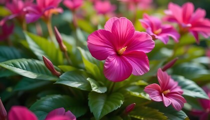 Fototapeta premium Vibrant pink hibiscus flowers blooming in a lush green garden on a sunny day